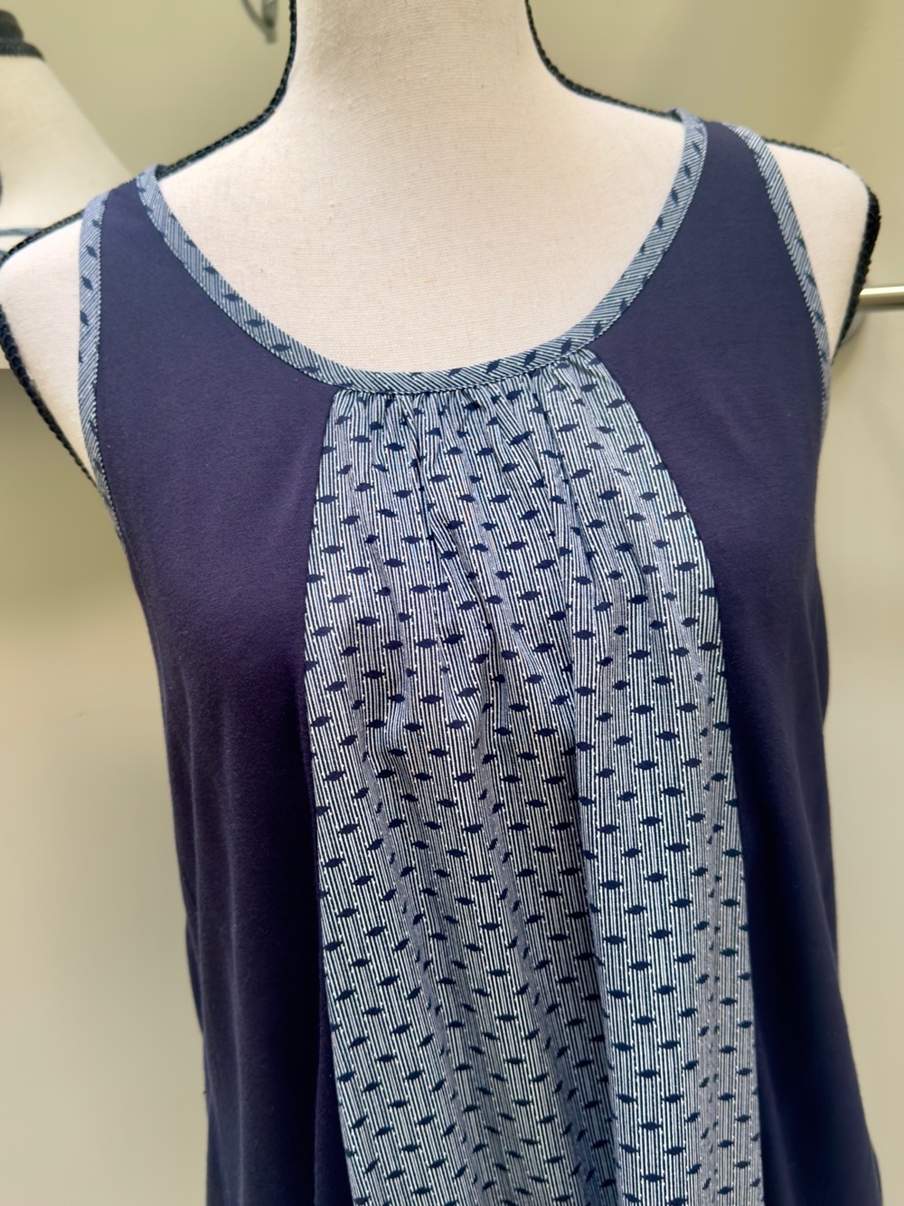 CAbi Navy cross back Tank Top with Patterned Front & Back Panel, XS
